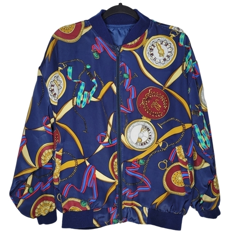 Vintage 80s Pocket Watch Baroque Designer Bomber Jacket in Navy